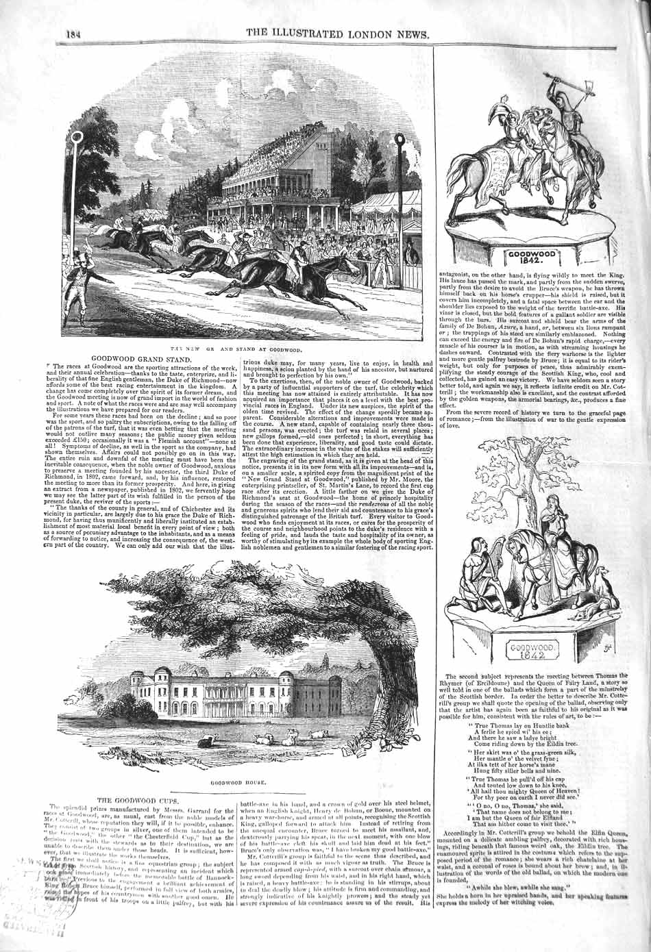 Original Old Antique Print 1842 Grand Stand Goodwood Horse Racing House Garden