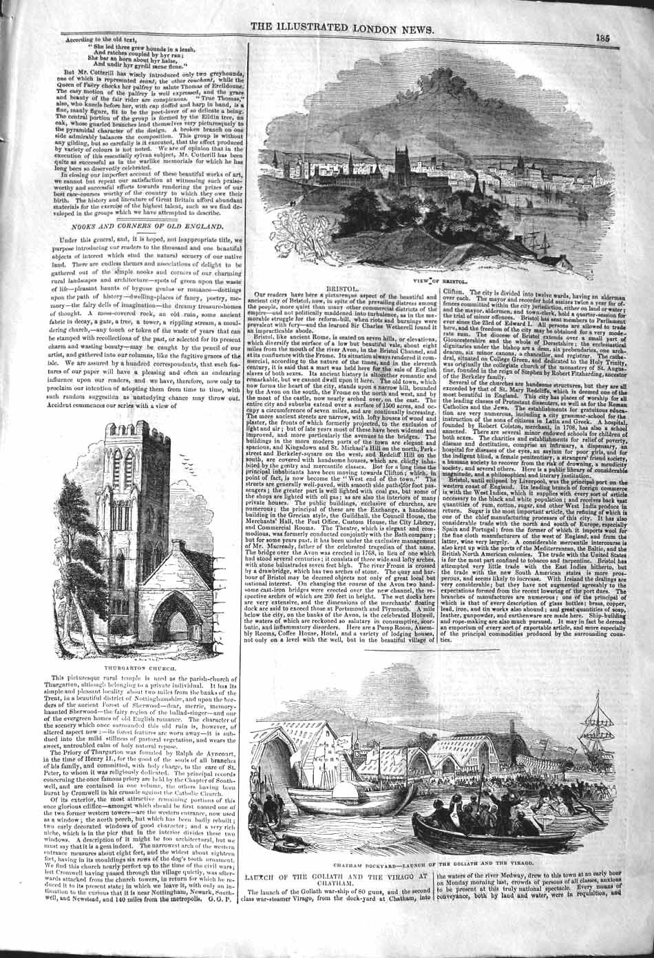 Original Old Antique Print 1842 View Bristol Thurgarton Church Chatham Dockyard