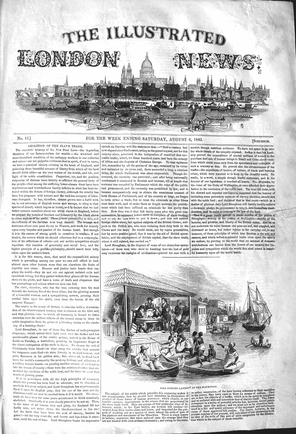 Original Old Antique Print 1842 Hill Coolies Landing Ship Boats Ma Victorian