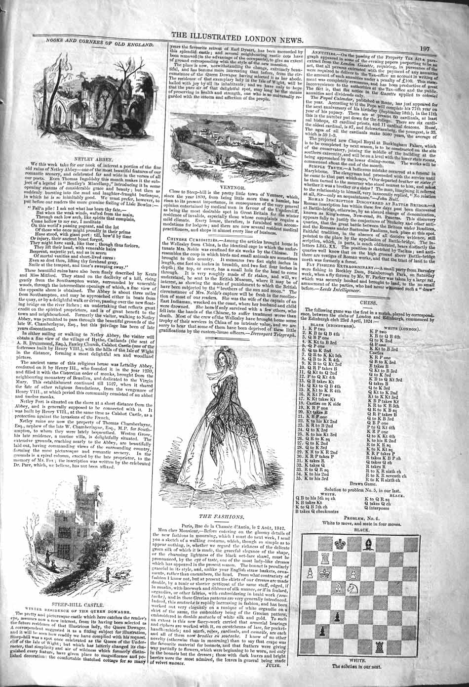 Original Old Antique Print 1842 Netley Abbey Ventnor Steep-Hill Castle Fashion