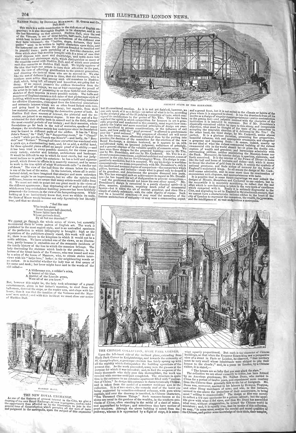 Original Old Antique Print 1842 Royal Exchange Haddon Hall Hyde Park Chinese
