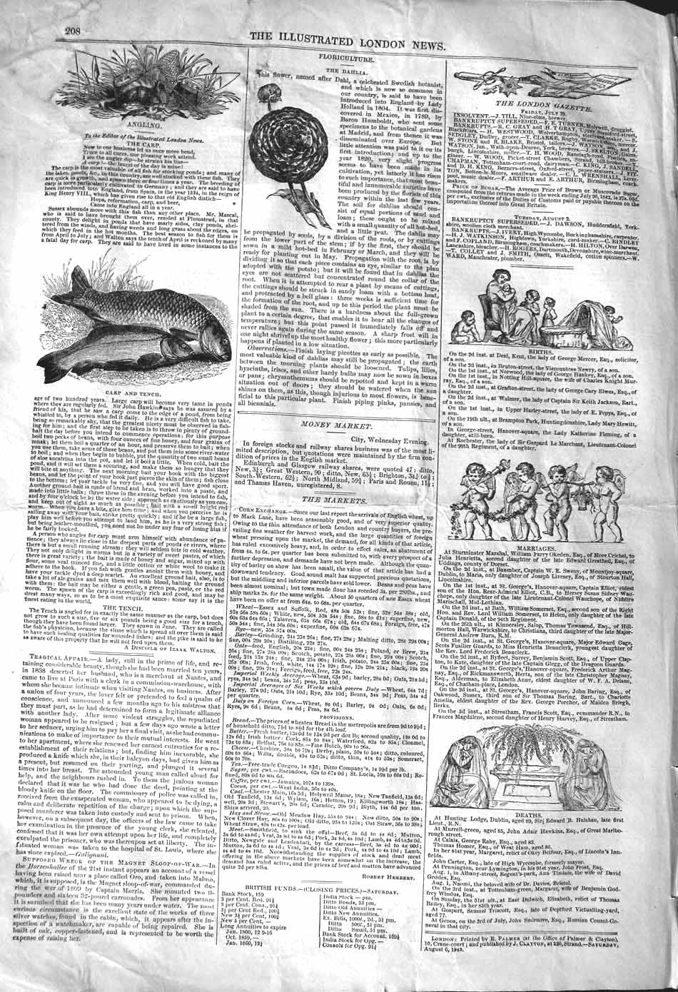 Original Old Antique Print 1842 Angling Fishing Carp Tench Floriculture Flowers