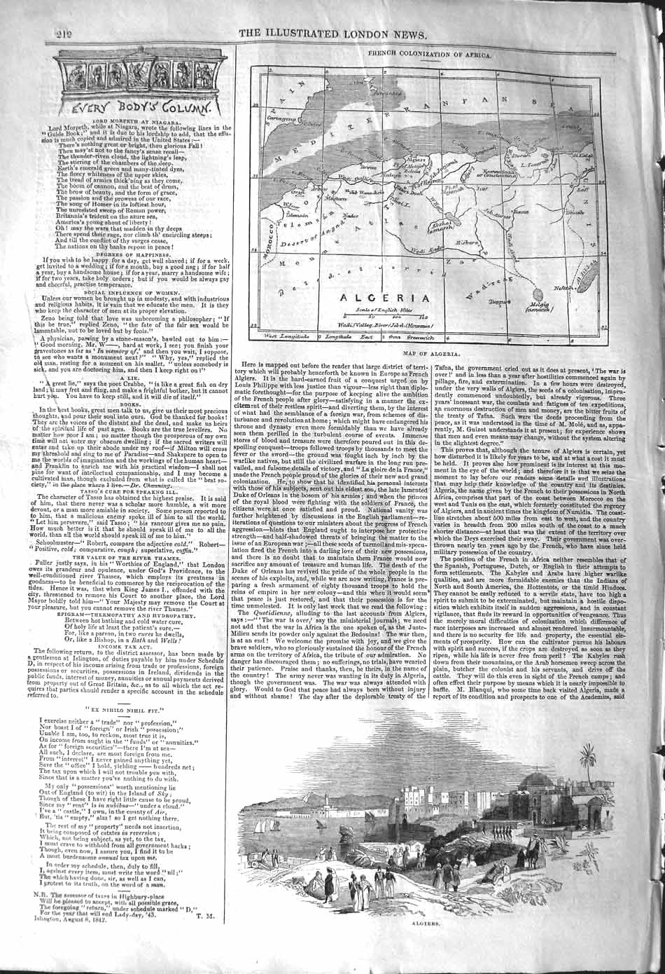 Original Old Antique Print 1842 Map Algeria View Town Algiers People Houses
