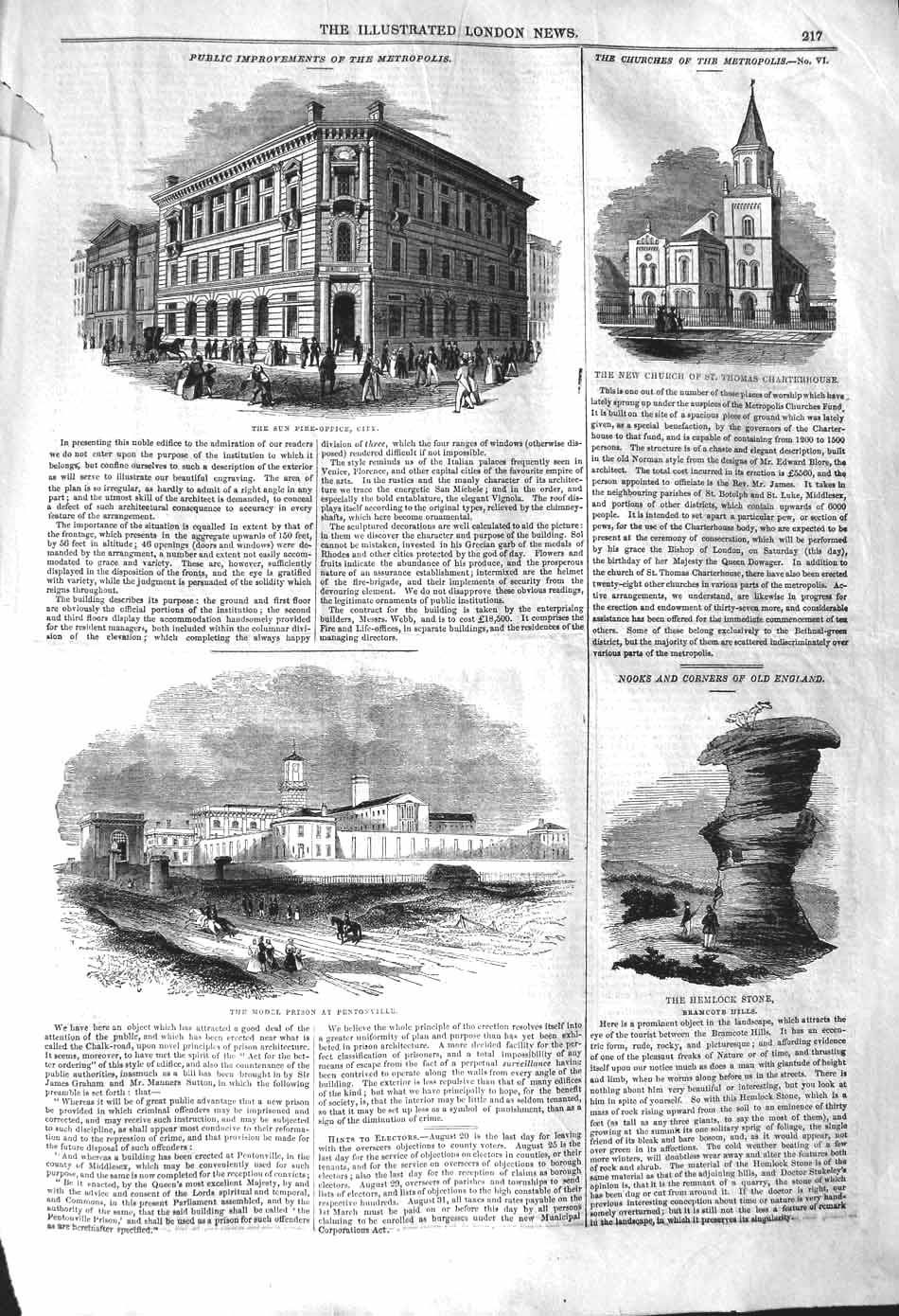 Old Antique Print 1842 Sun Fire-Office Church Prison Pentonville Hemlock 19th