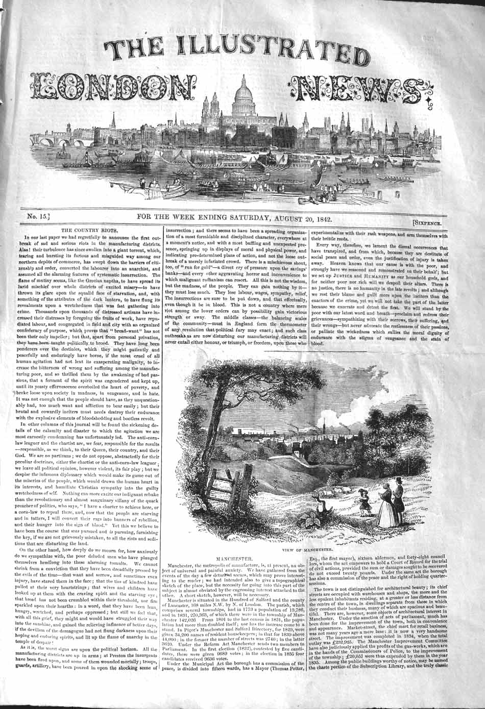Original Old Antique Print 1842 View Manchester City Houses Trees Victorian