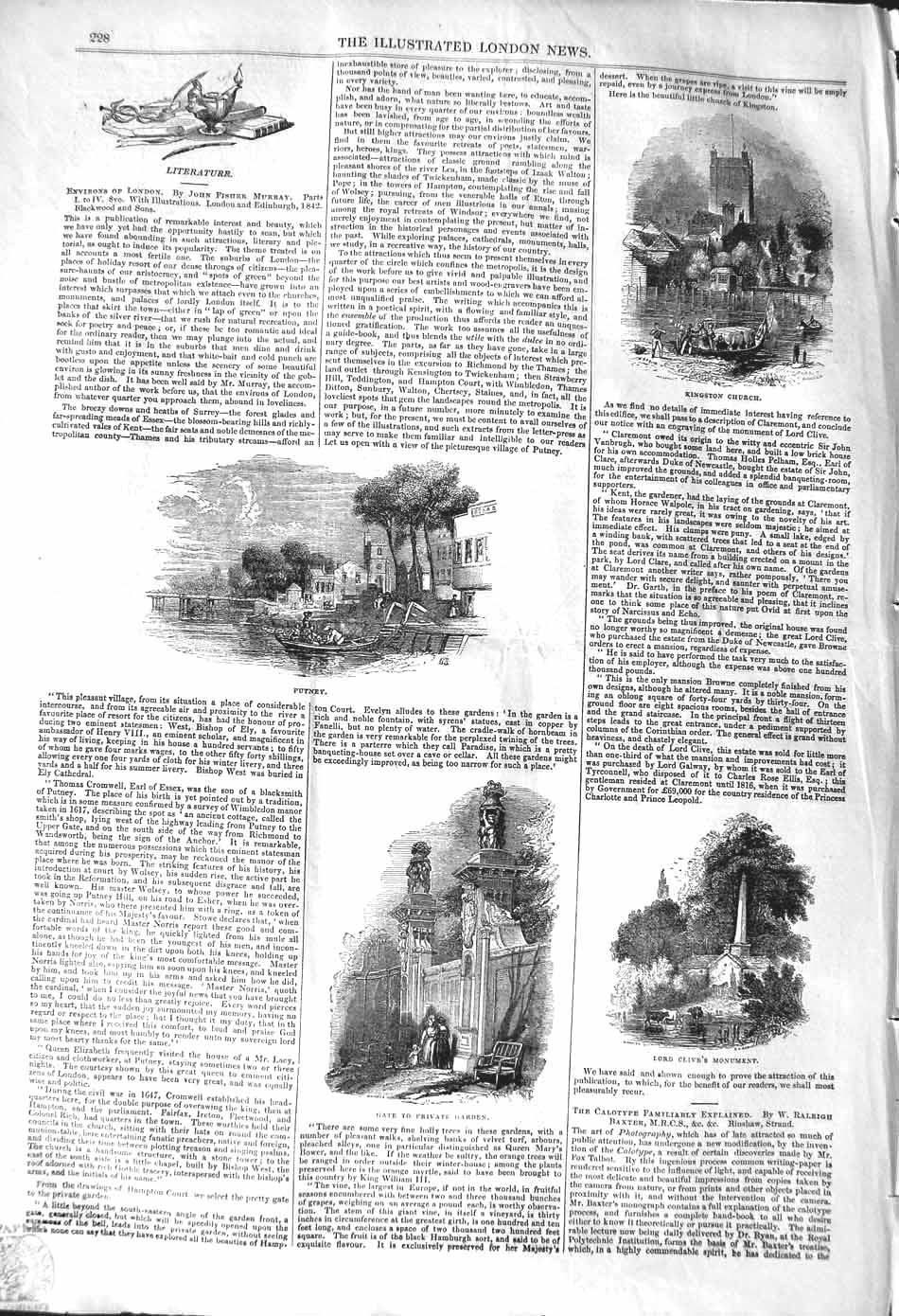 Original Old Antique Print 1842 View Putney Kingston Church Lord Clive Monument