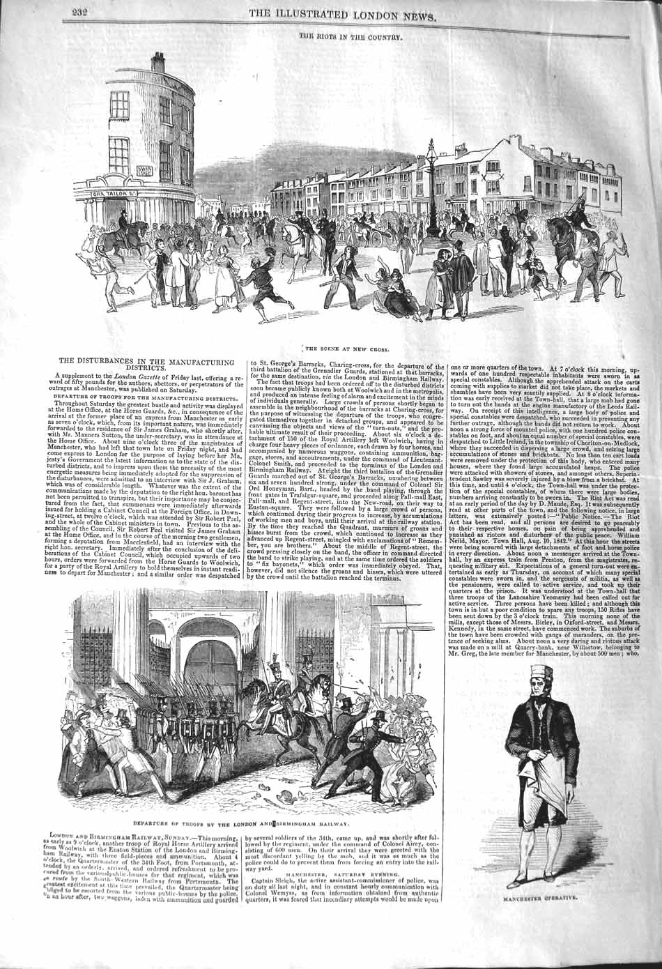 Original Old Antique Print 1842 Riots New Cross Birmingham Railway Man Victorian