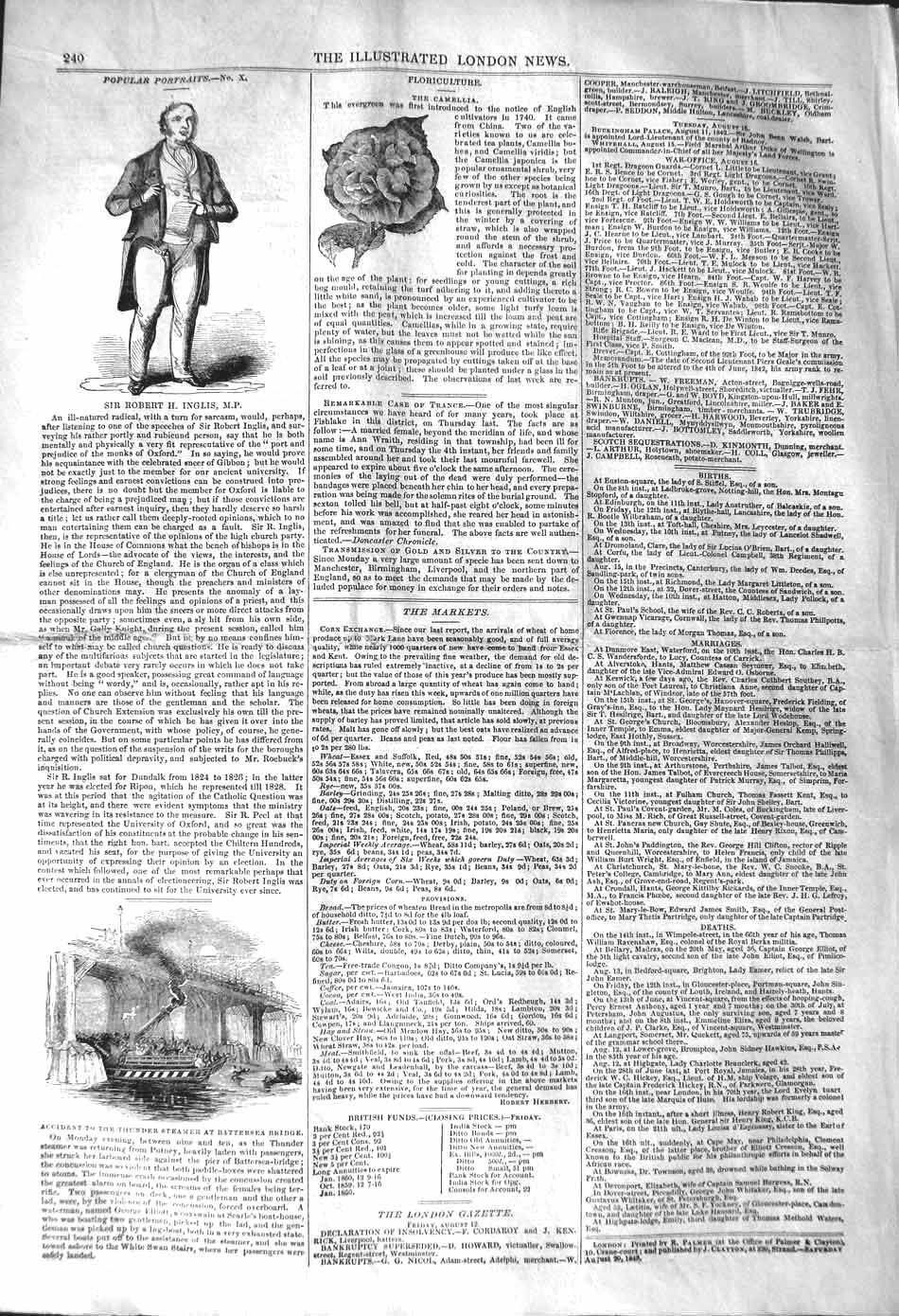 Old Antique Print 1842 Sir Robert Inglis Thunder Steamer Battersea Bridge 19th