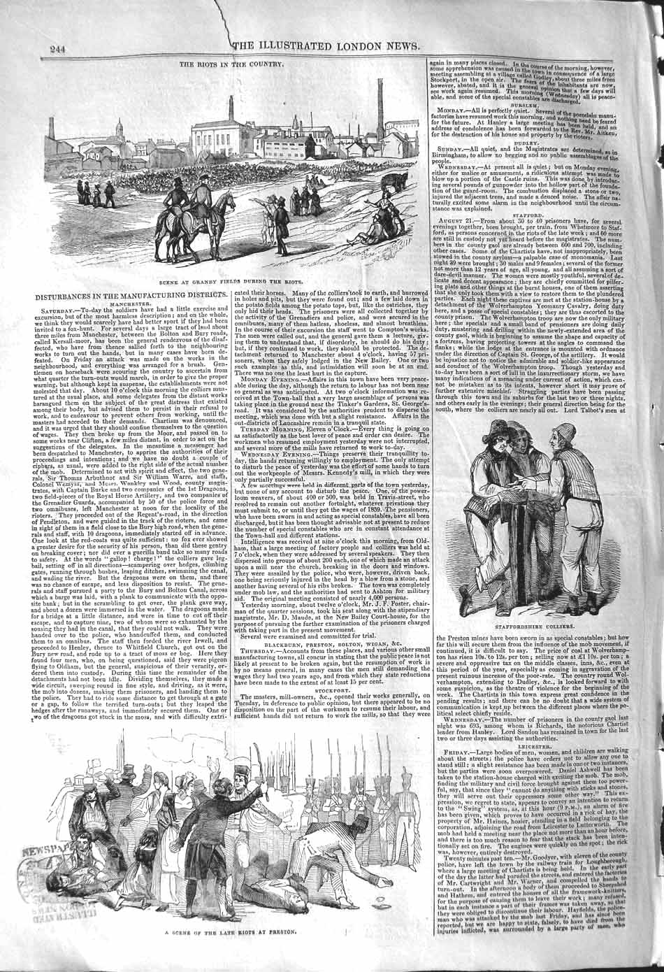 Original Old Antique Print 1842 Riots Granby Fields Preston Colliers Salter 19th