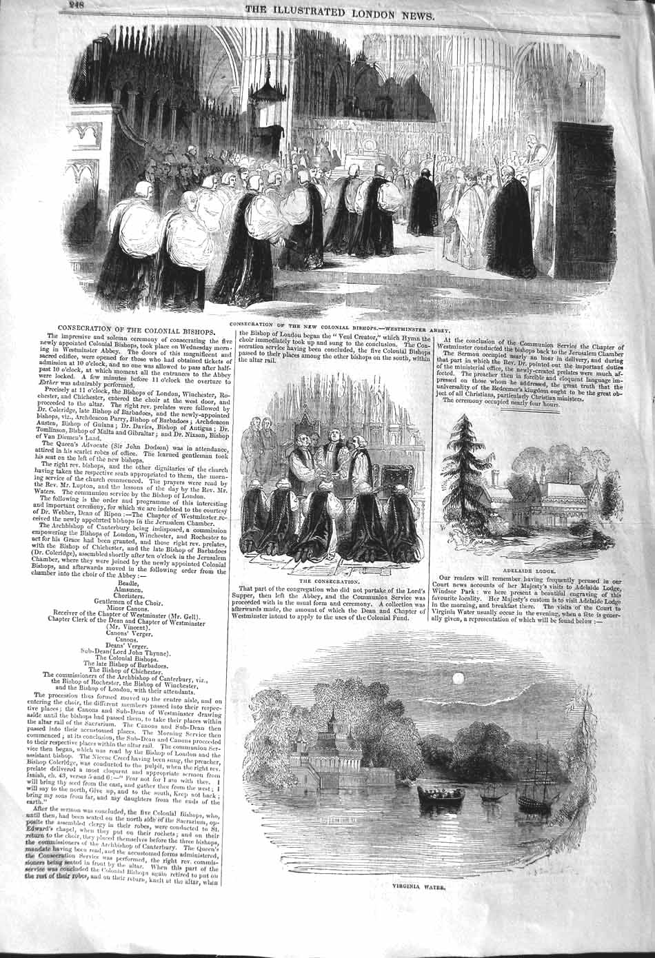 Old Antique Print 1842 Colonial Bishop Westminster Abbey Virginia Water 19th