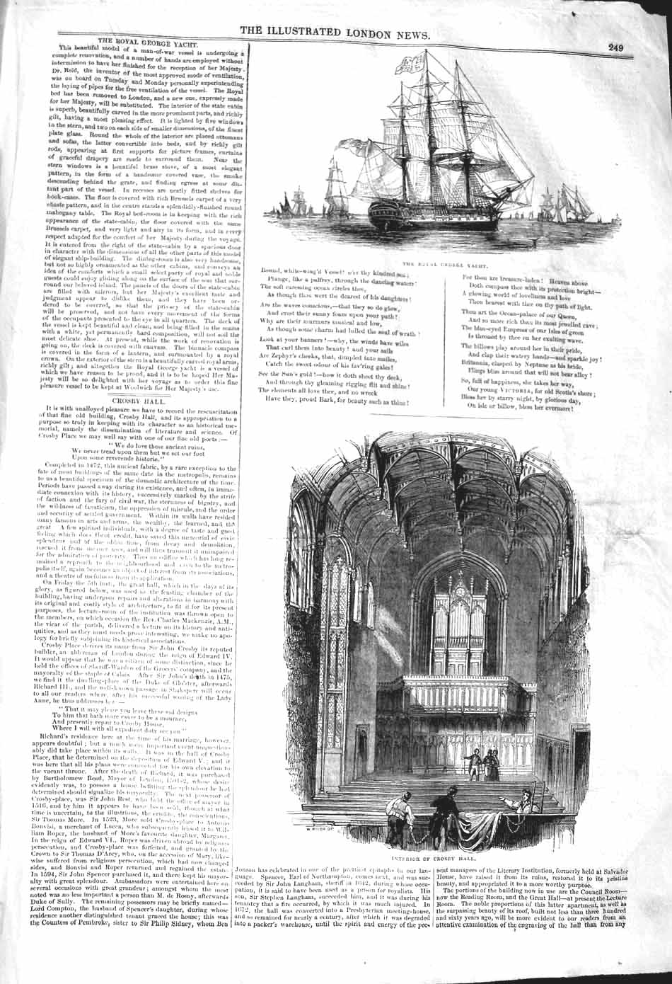 Original Old Antique Print 1842 Royal George Yacht Ship Interior Crosby Hall