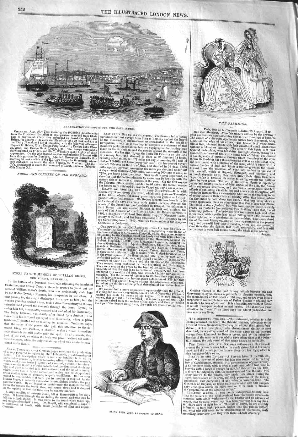 Original Old Antique Print 1842 Blind Pensioner William Rufus Grave War Ships