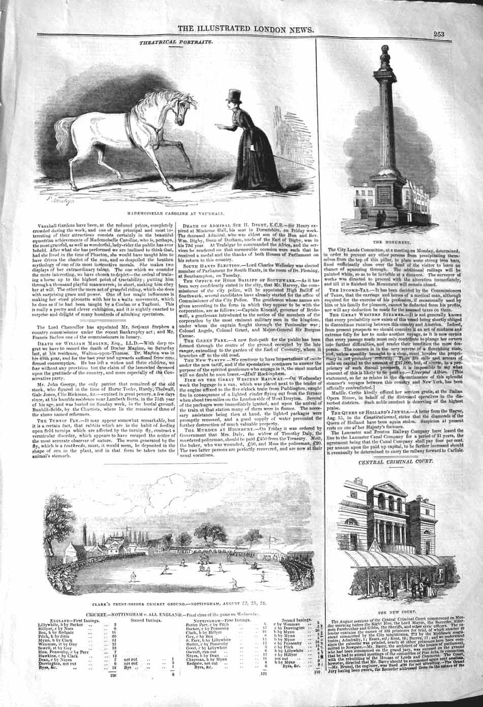 Original Old Antique Print 1842 Mademoiselle Caroline Vauxhall Cricket Not 19th