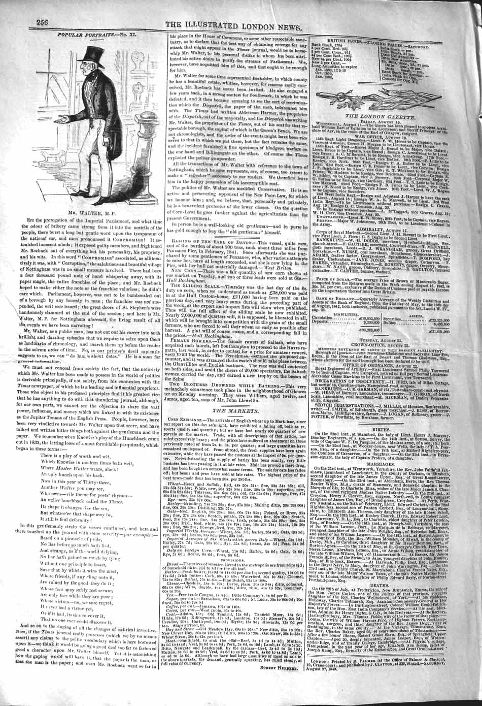 Original Old Antique Print 1842 Portrait Mr Walter Member Parliament Victorian