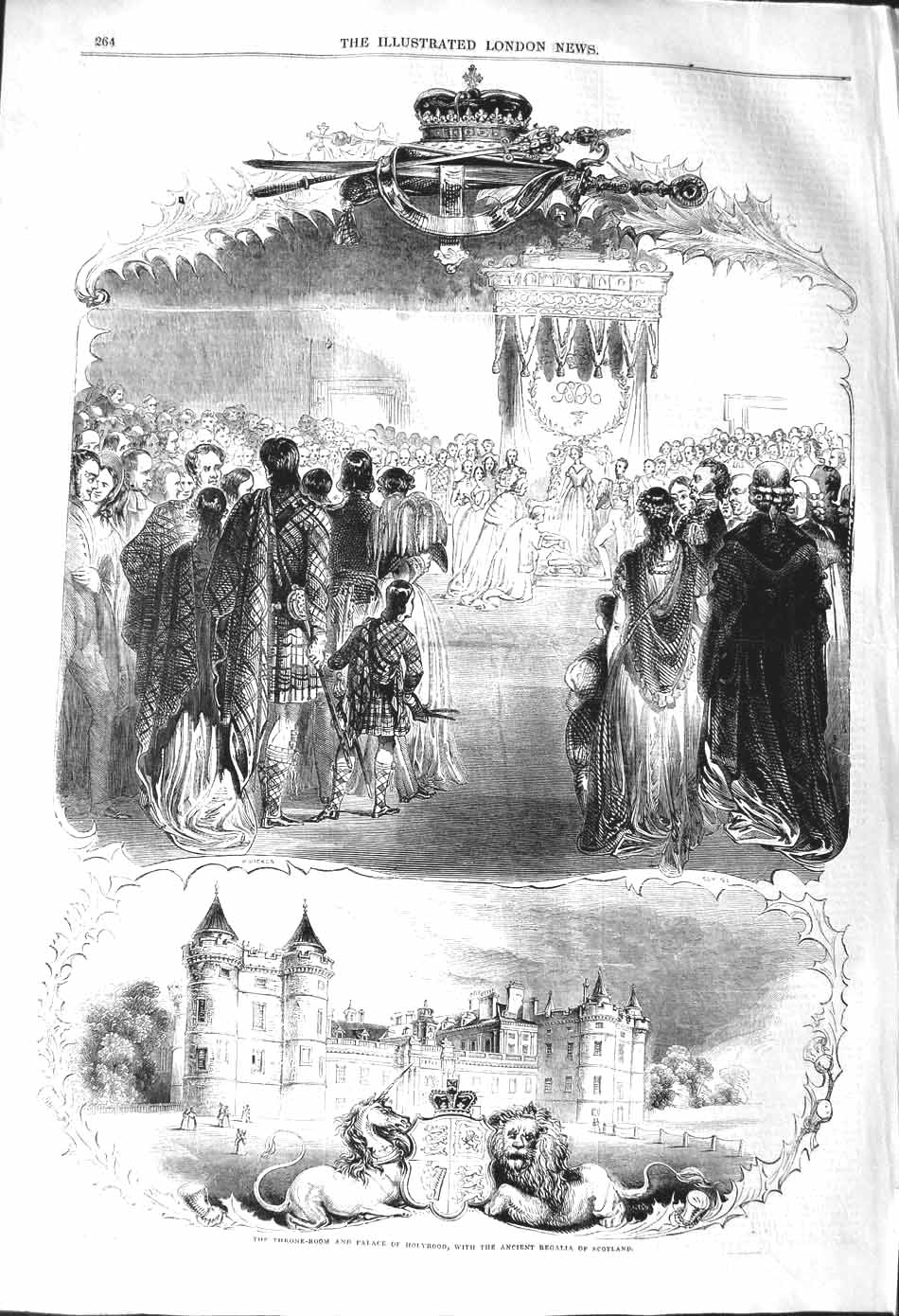 Original Old Antique Print 1842 Throne Room Palace Holyrood Regalia Scotland