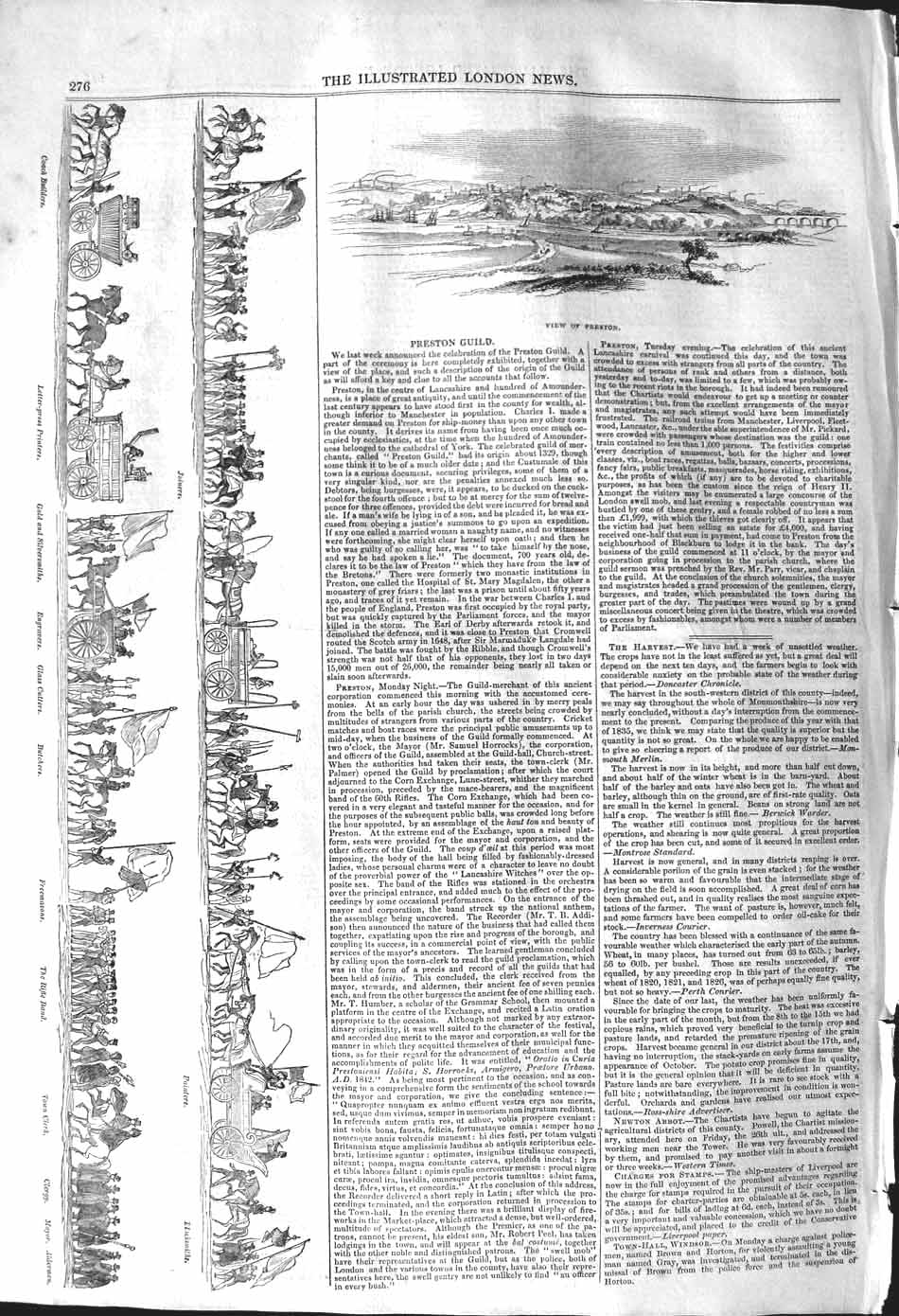 Original Old Antique Print 1842 View Preston Guild Joiners Freemasons En 19th