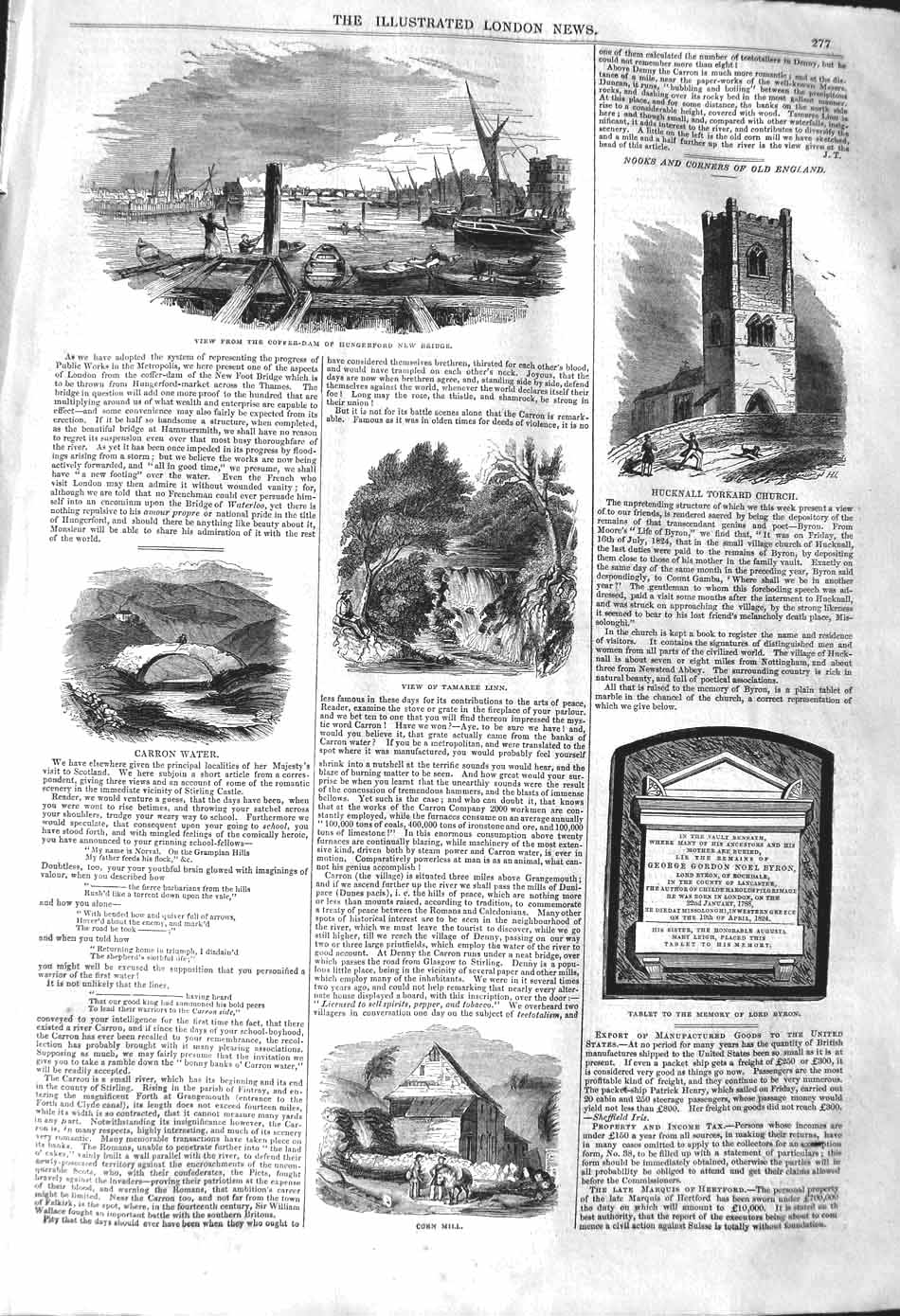 Original Old Antique Print 1842 Coffer-Dam Hungerford Hucknall Church Byron 19th