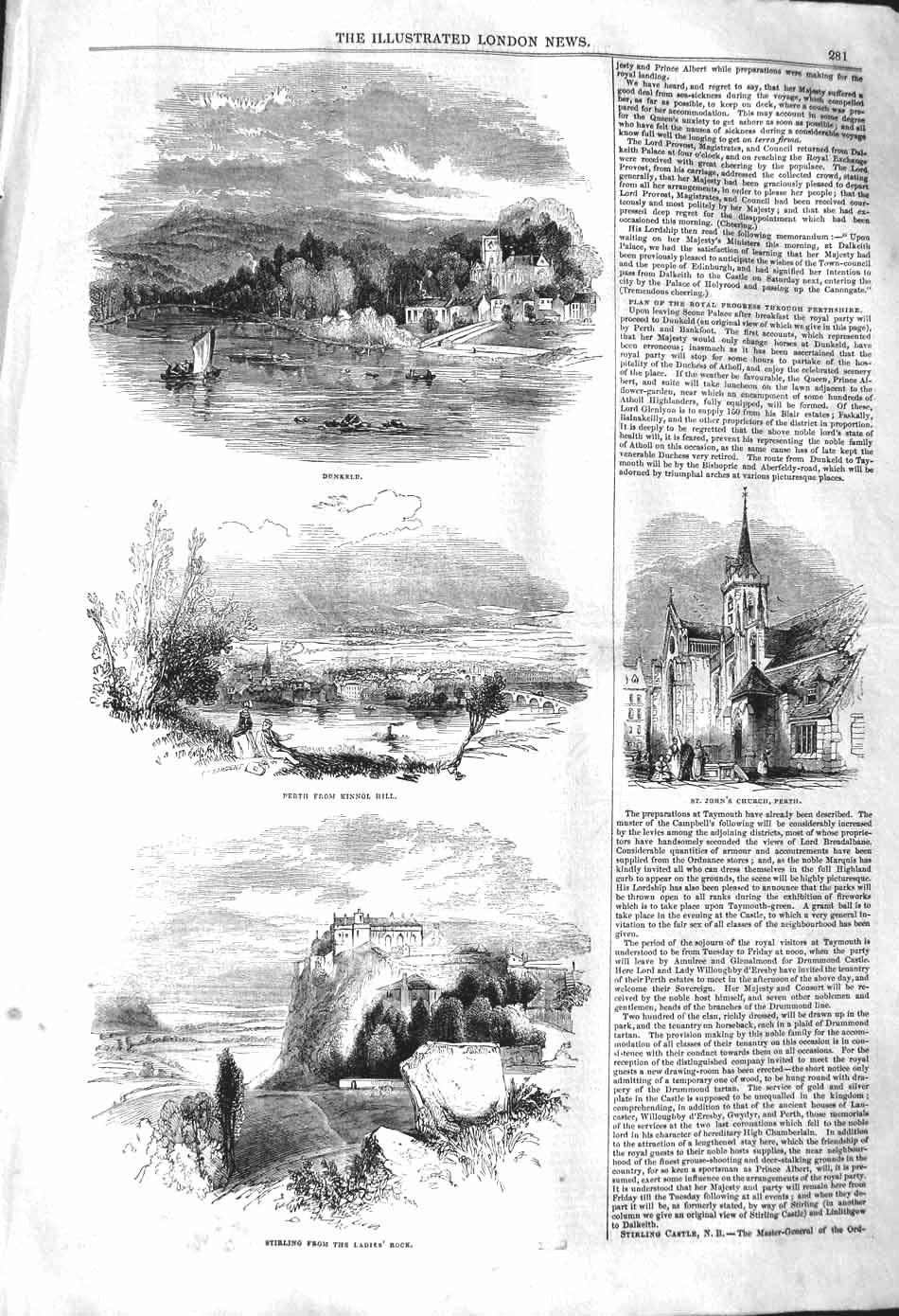 Old Antique Print 1842 Dunkeld Perth Kinnol Stirling Ladies Rock Church 19th
