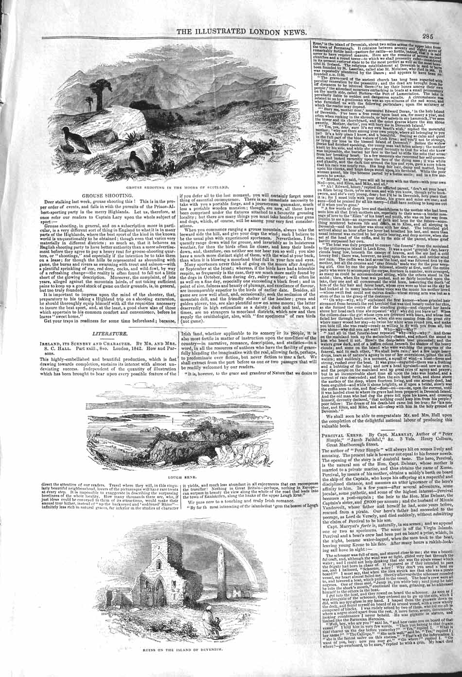 Original Old Antique Print 1842 Grouse Shooting Scotland Lough Erne Devenish
