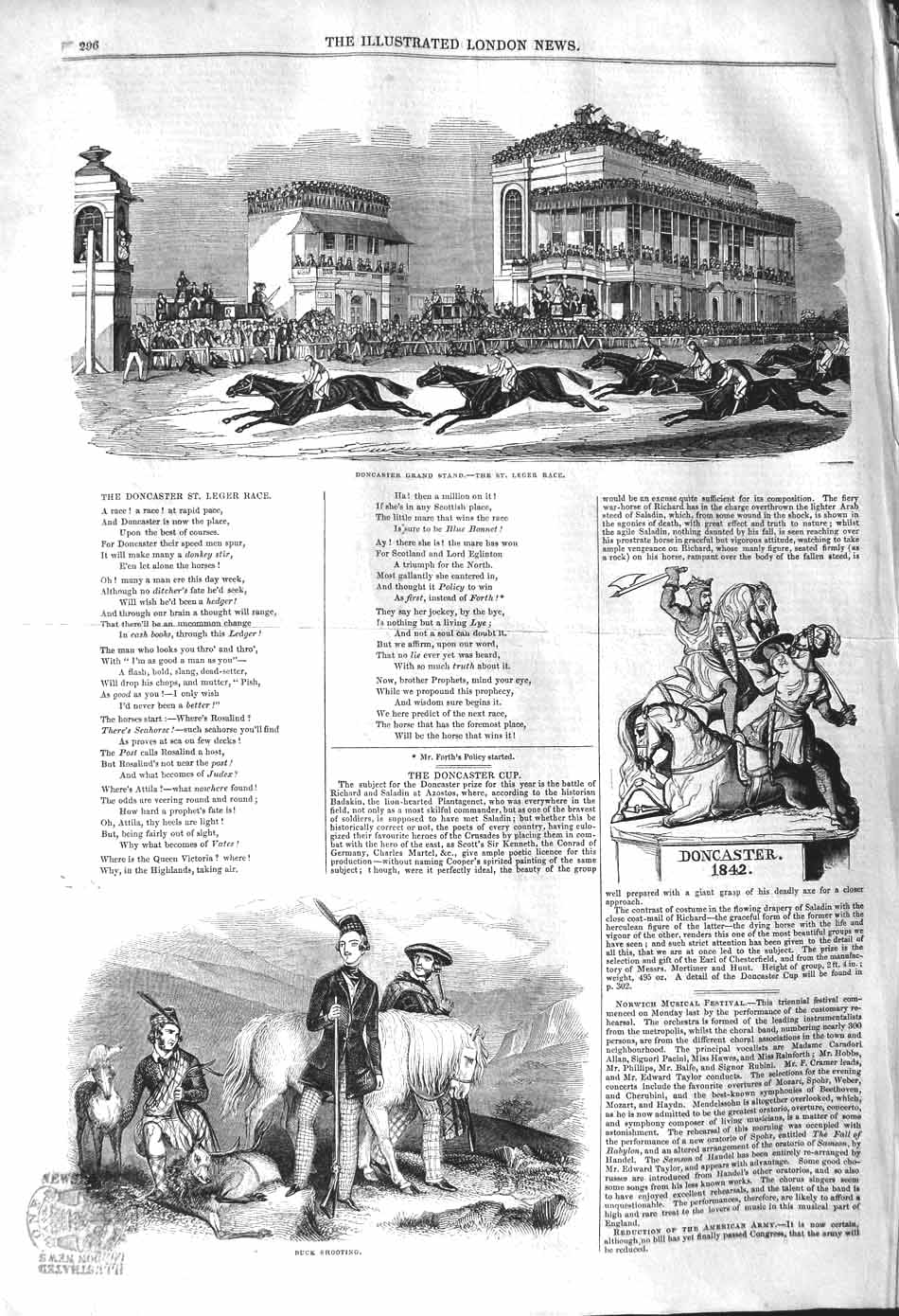 Original Old Antique Print 1842 Doncaster Grand Stand Leger Race Buck Shooting