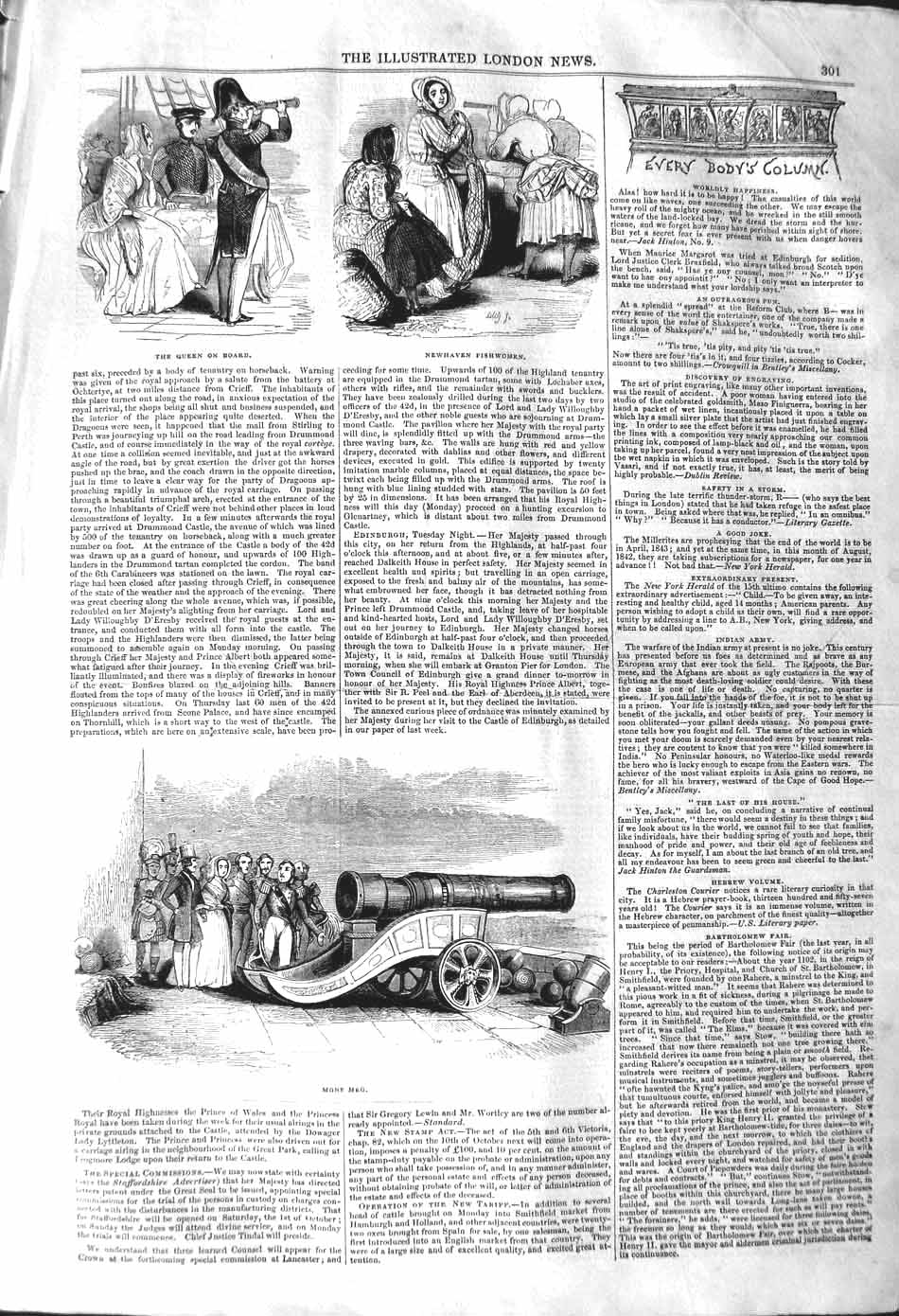 Original Old Antique Print 1842 Queen Ship Newhaven Fisherwomen Mons Victorian