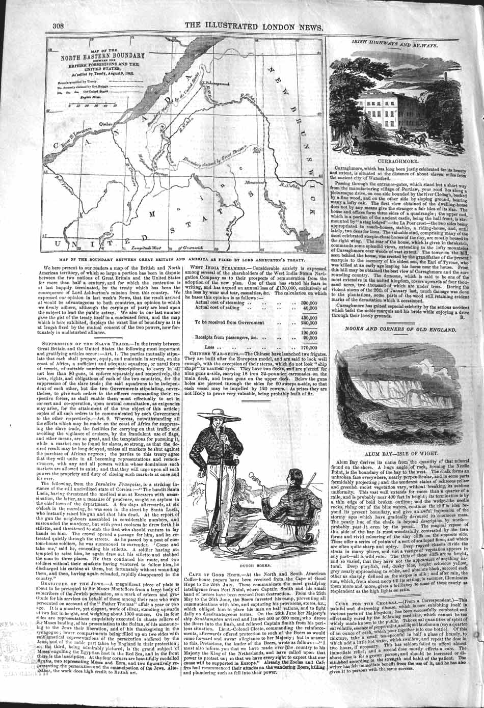Original Old Antique Print 1842 Isle Wight Alum Bay Curraghmore Map America 19th