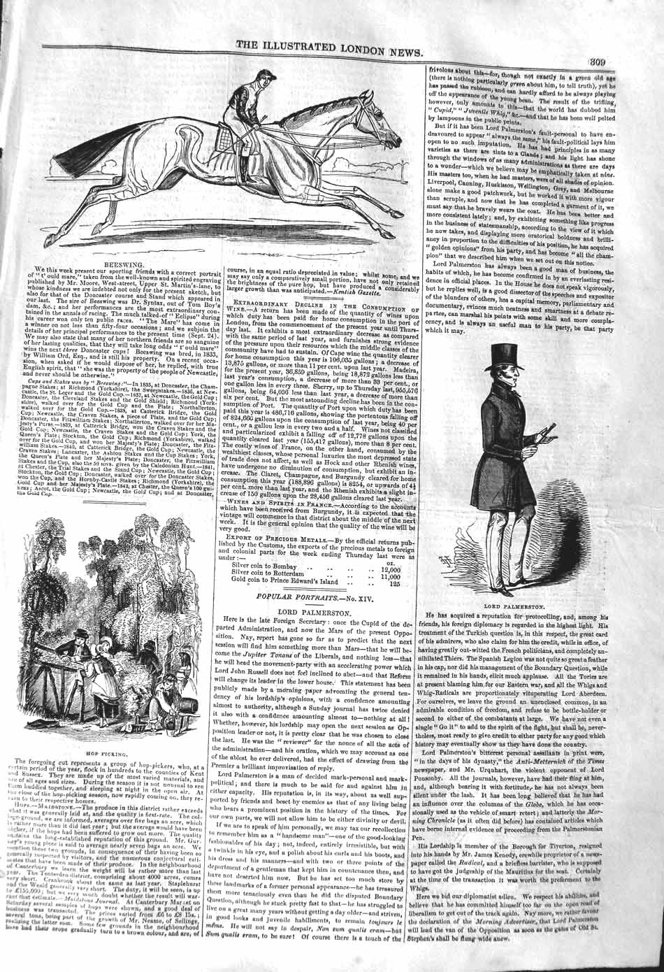 Original Old Antique Print 1842 Horse Racing Sport Lord Palmerston Hop Picking