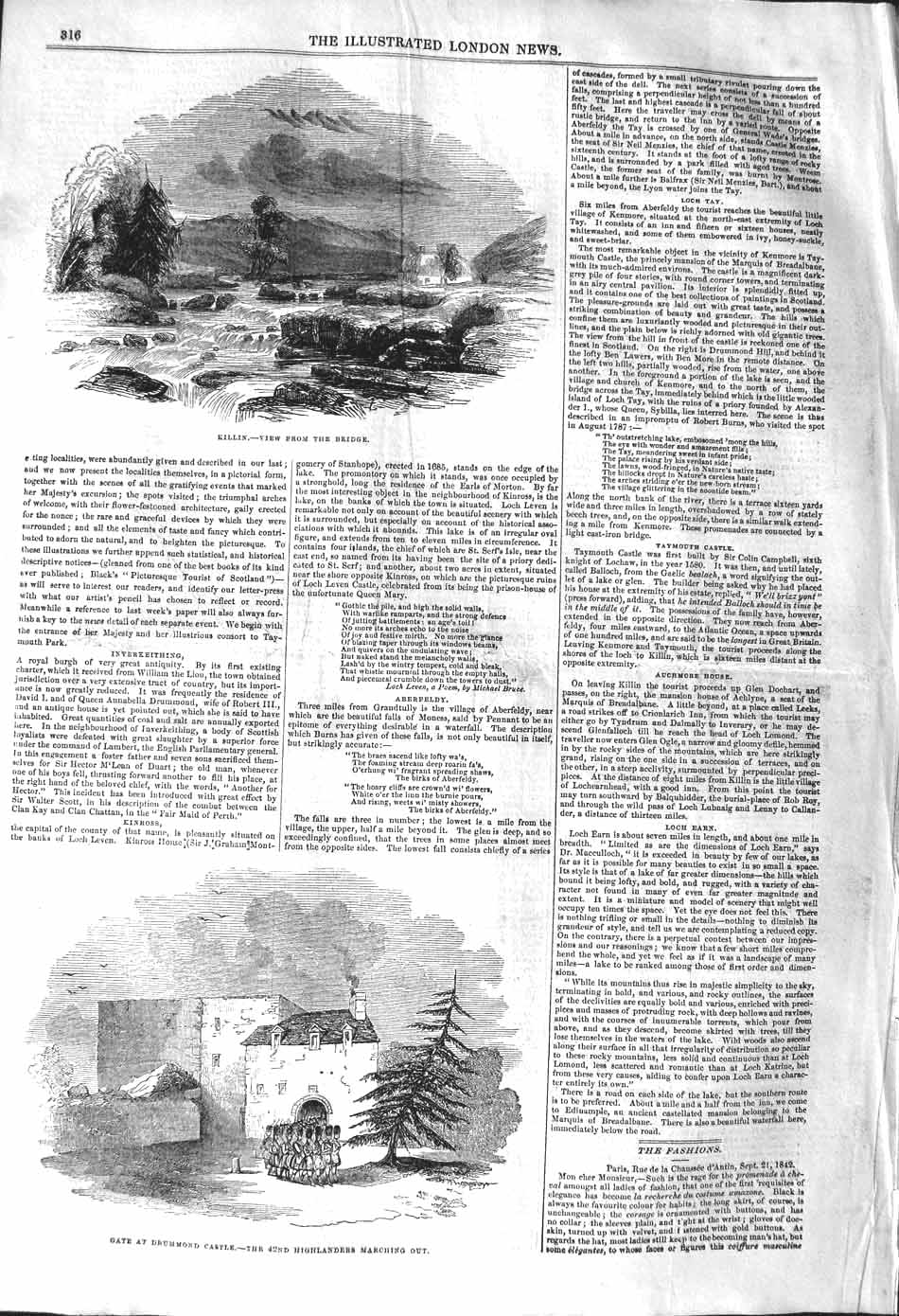 Original Old Antique Print 1842 View Killin River Gate Drummond Castle High 19th