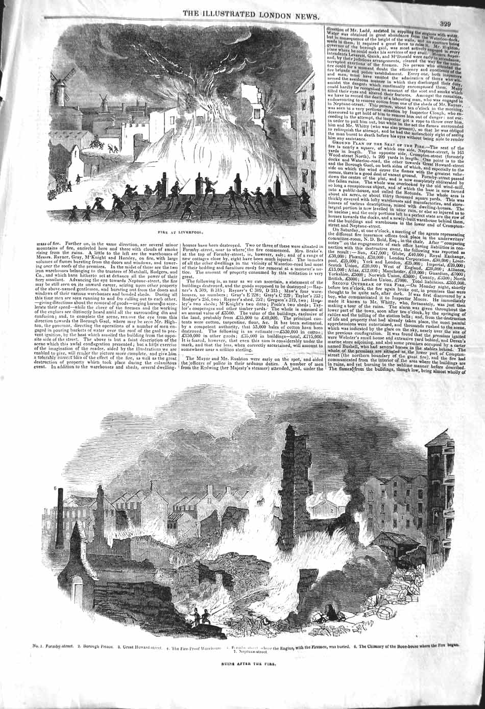Original Old Antique Print 1842 Fire Liverpool Formby Borough Neptune Street