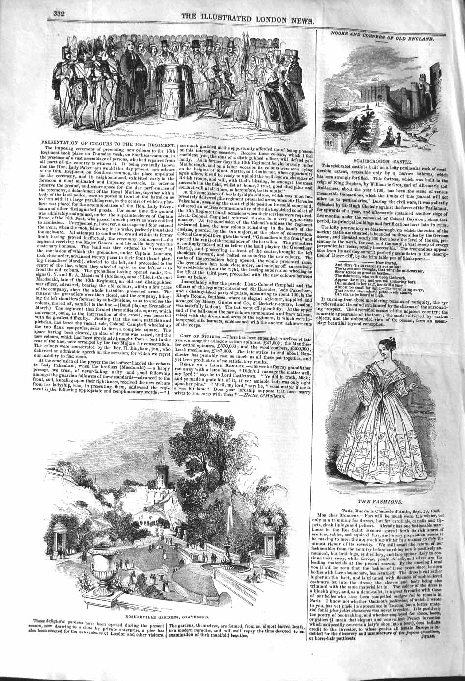 Original Old Antique Print 1842 Scarborogh Castle Rosherville Gardens Gr 19th