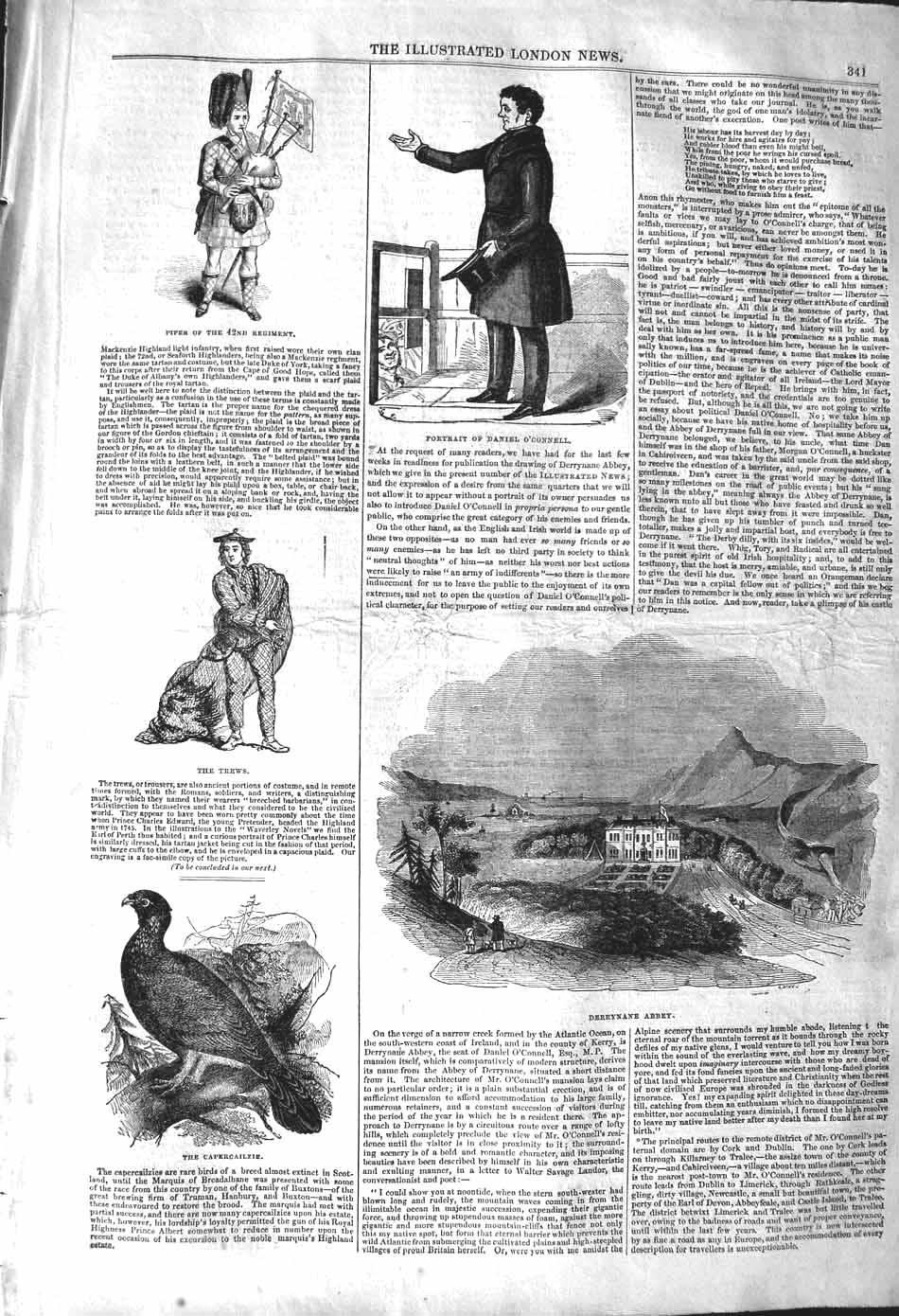 Original Old Antique Print 1842 Bag-Piper Sier Daniel O'Connell Derrynan 19th