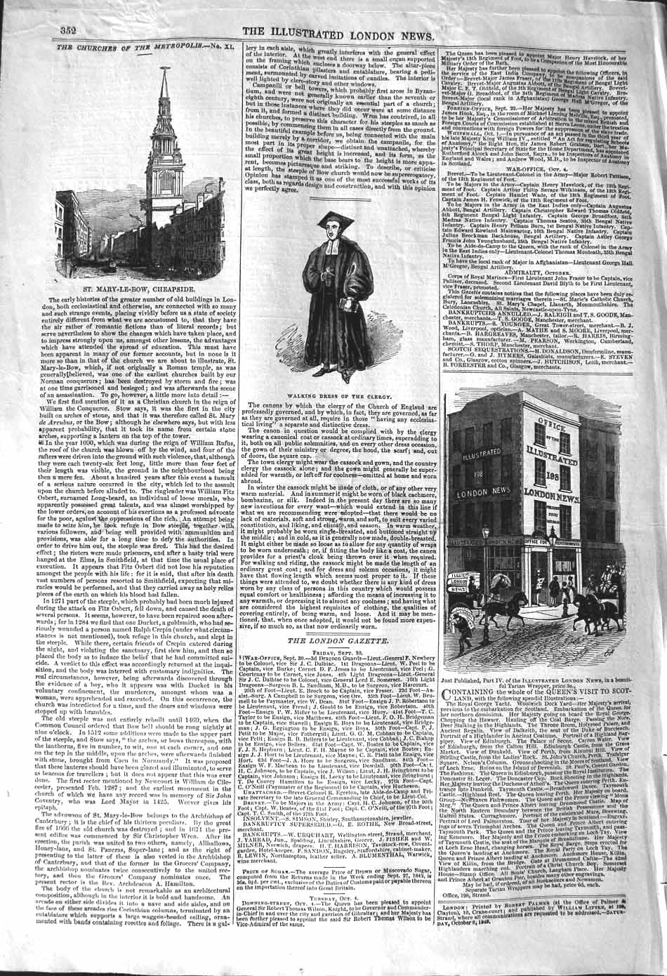 Old Antique Print 1842 Walking Dress Clergy Mary-Le-Bow Cheapside Office 19th