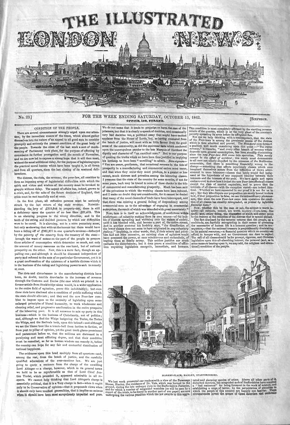 Original Old Antique Print 1842 Market Place Hanley Staffordshire Street Scene