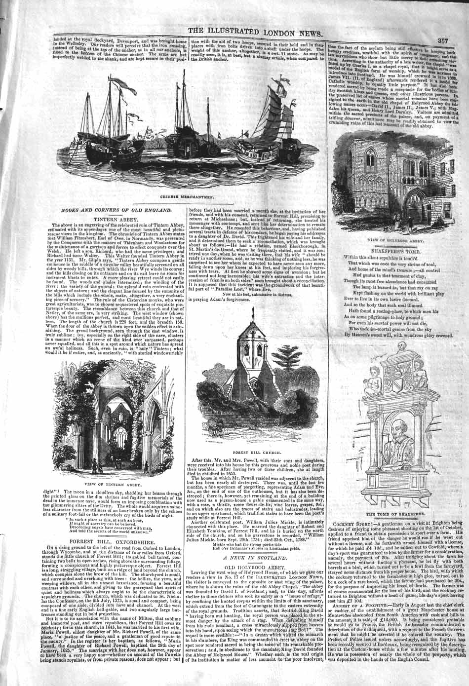 Old Antique Print 1842 Chinese Merchantmen Holyrood Abbey Tintern Church 19th
