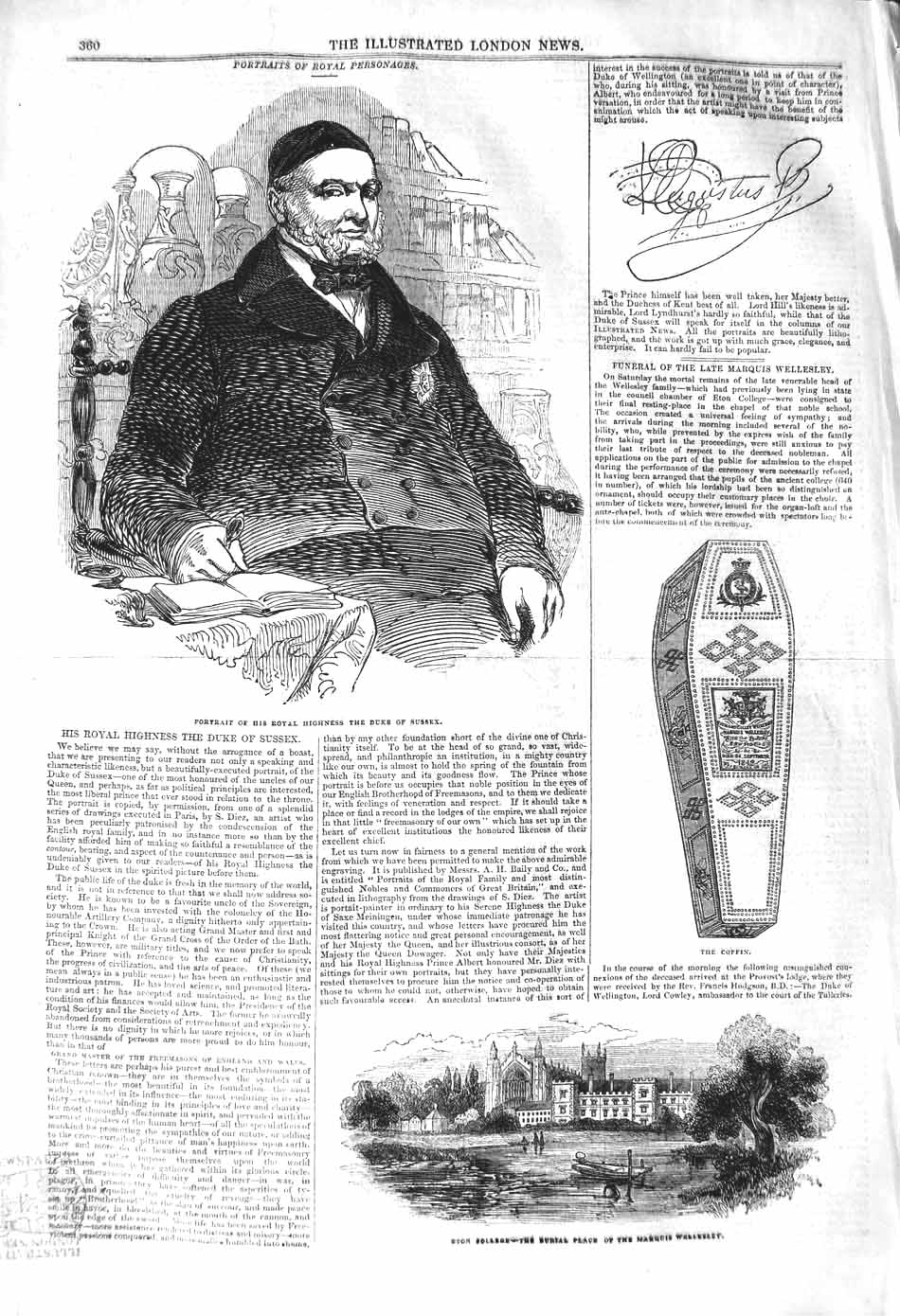 Old Antique Print 1842 Duke Sussex Coffin Eton College Marquis Wellesley 19th