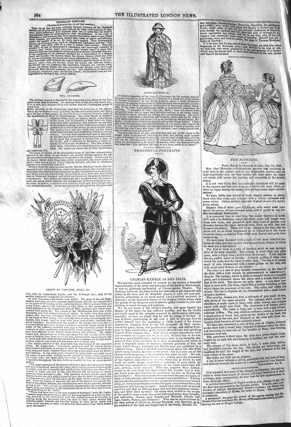 Old Antique Print 1842 Highland Woman Targets Shields Arms Charles Kemble 19th