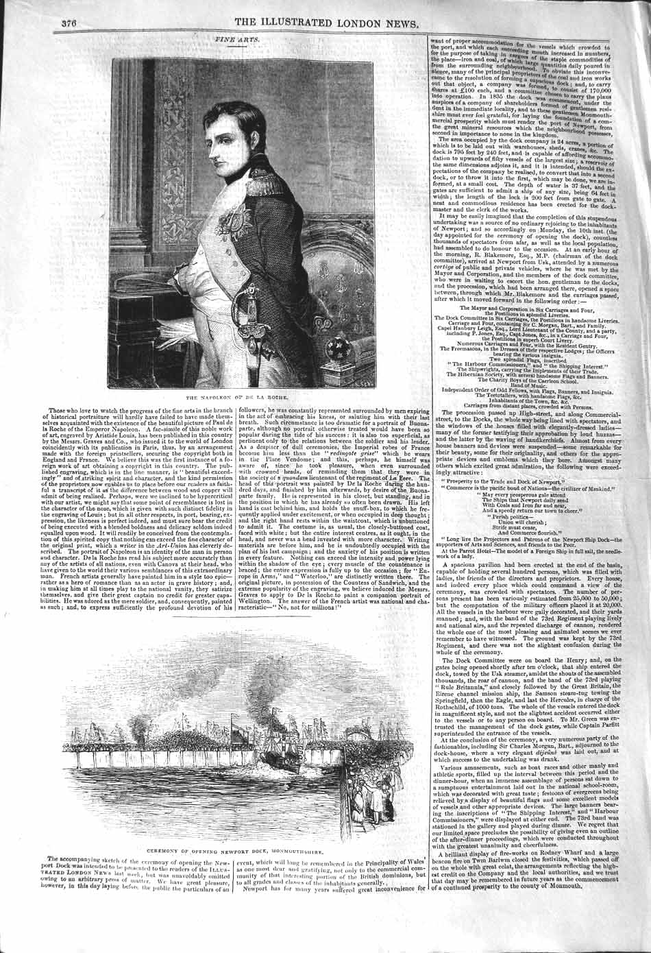 Original Old Antique Print 1842 Napoleon De La Roche Newport Dock Monmouthshire