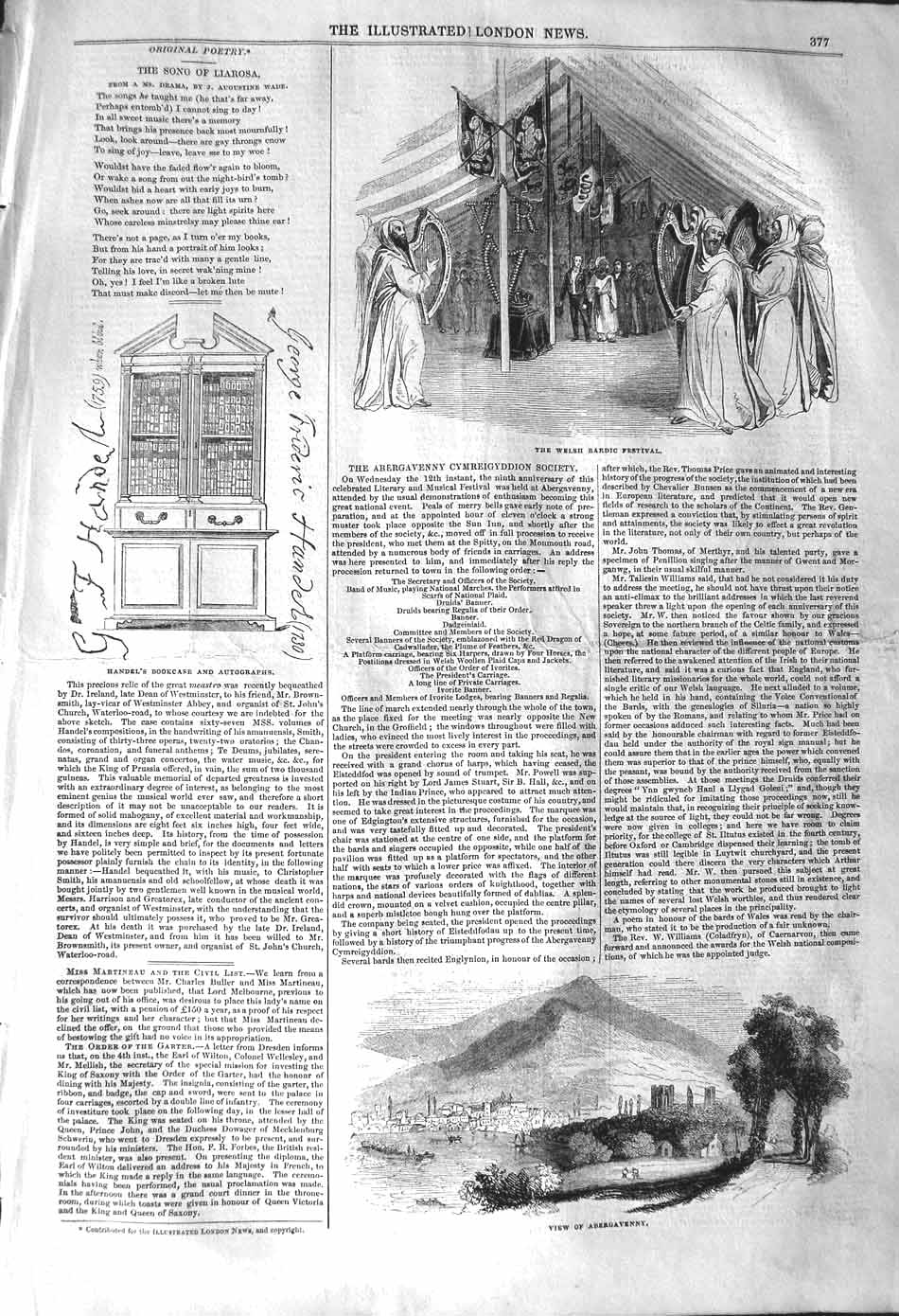 Original Old Antique Print 1842 Welsh Bardic Festival Handel Bookcase Aber 19th