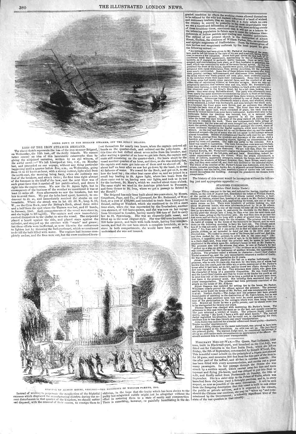 Original Old Antique Print 1842 Ship Brigand Steamer Scilly Islands Albio 19th