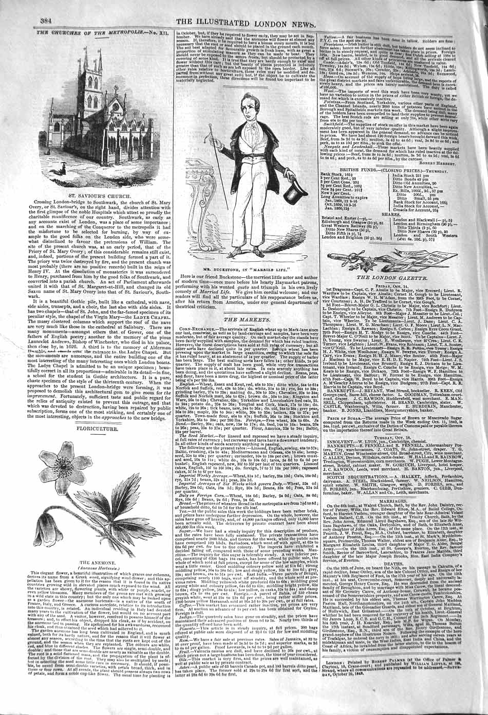 Original Old Antique Print 1842 Buckestone Married Life Saviours Church Anemone
