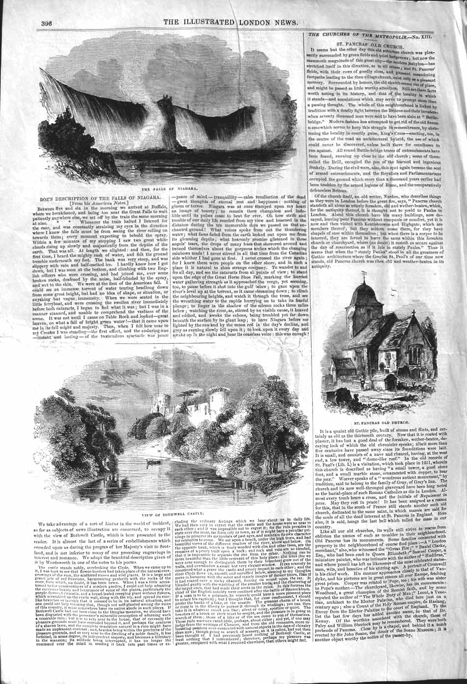 Original Old Antique Print 1842 Falls Niagara Bothwell Castle Pancras Church