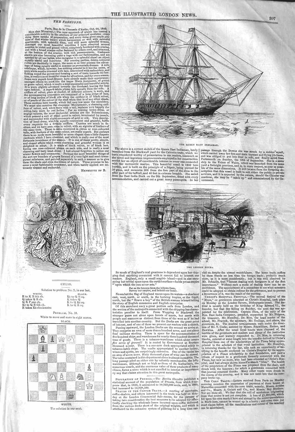 Original Old Antique Print 1842 Queen East Indiaman Ship London Docks Victorian