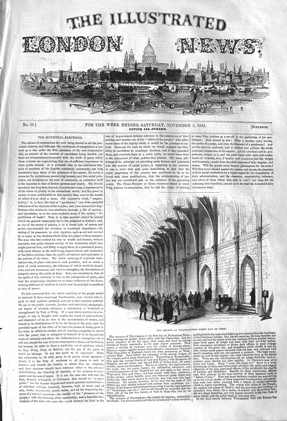 Original Old Antique Print 1842 Courts Westminster Term London Architecture