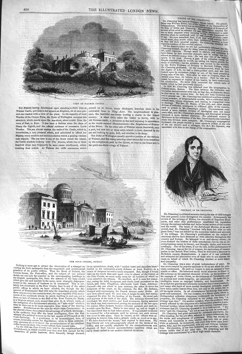 Old Antique Print 1842 View Walmer Castle Portrait Channing Courts Dublin 19th
