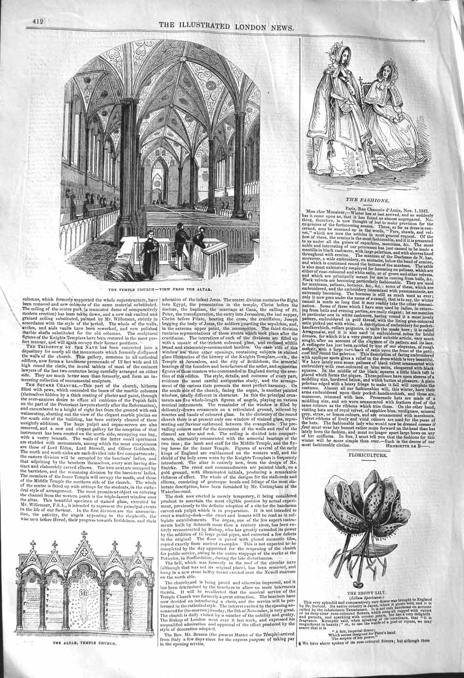 Original Old Antique Print 1842 Temple Church Altar Show Lily Flower Speciosum