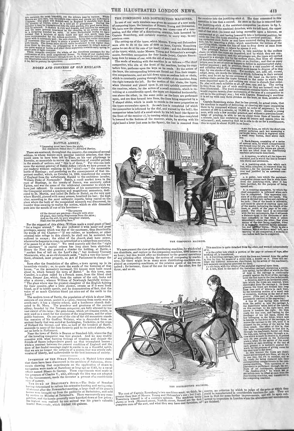Original Old Antique Print 1842 Battle Abbey Composing Distributing Music 19th
