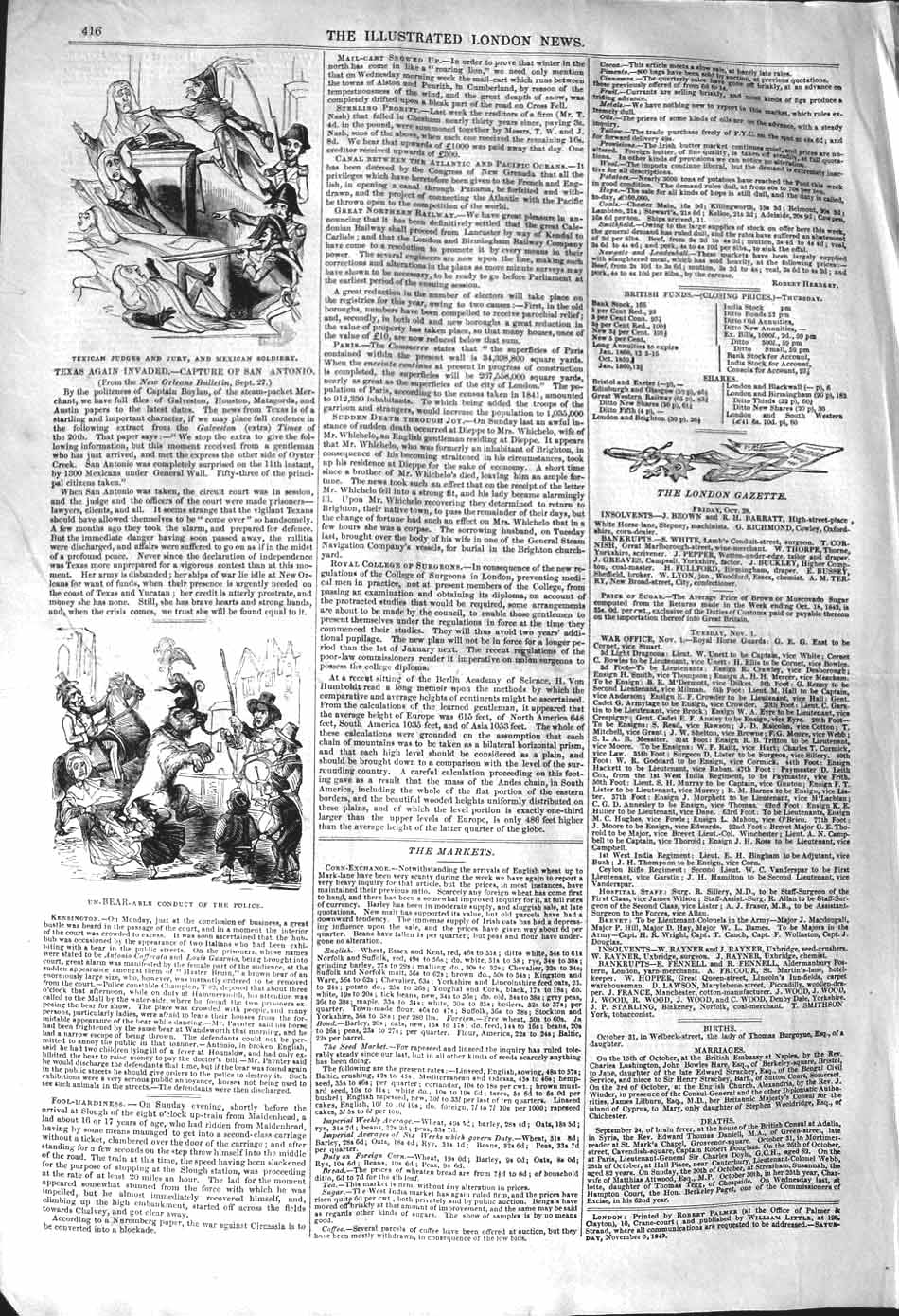 Original Old Antique Print 1842 Texican Judges Jury Mexican Siery Police Bear