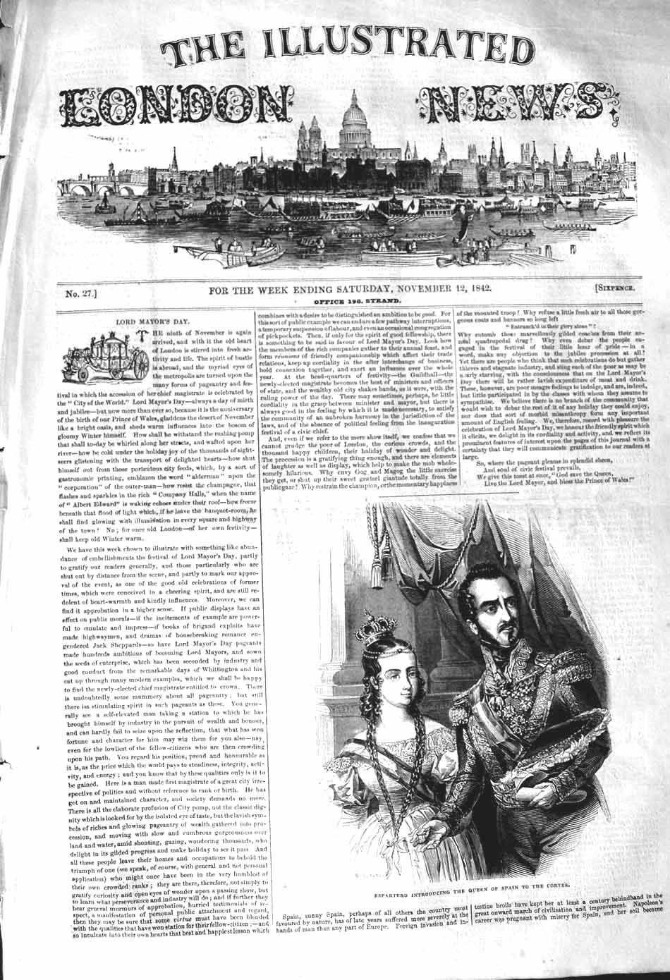 Original Old Antique Print 1842 Espartero Introducing Queen Spain Cortes 19th