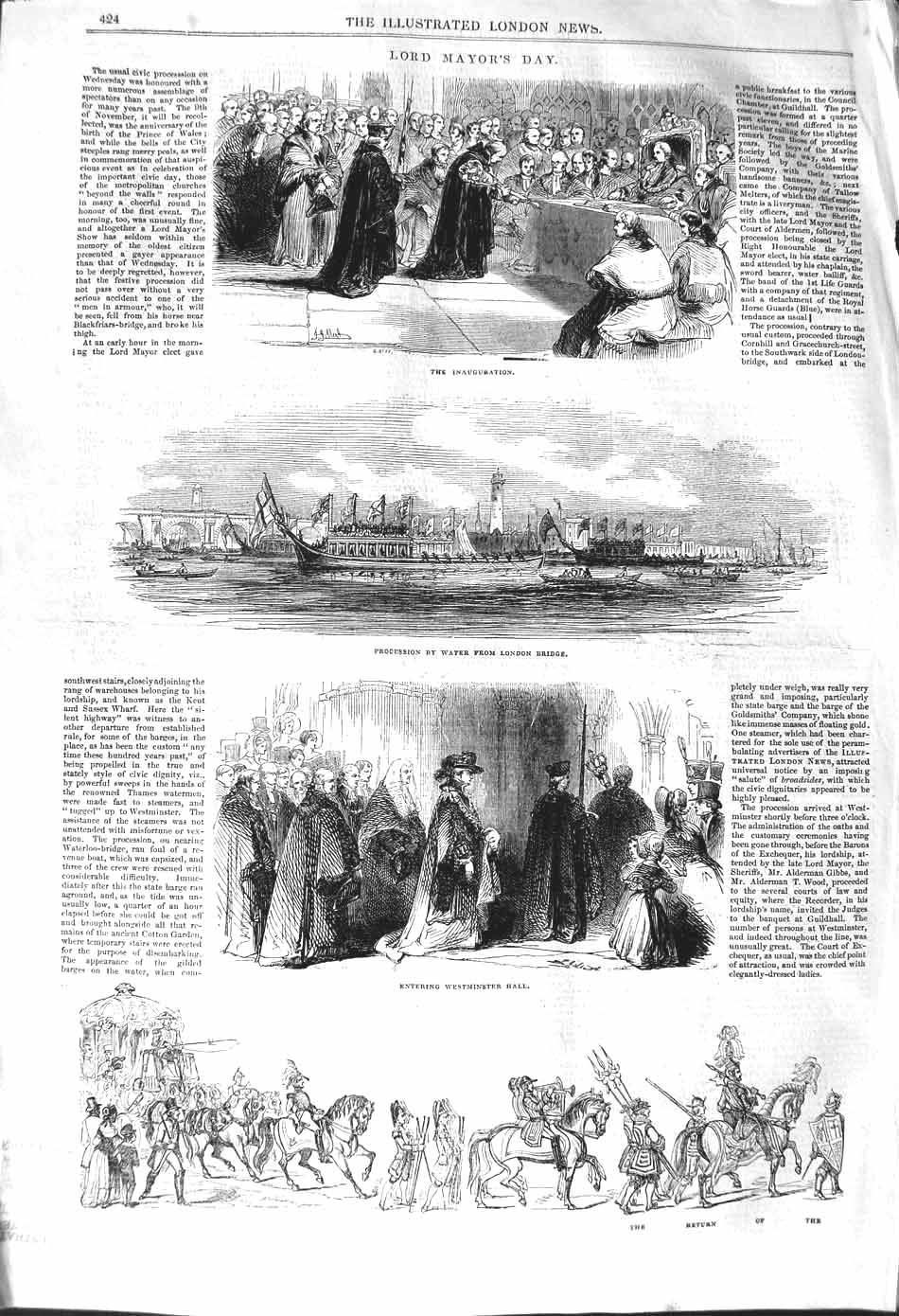 Original Old Antique Print 1842 Lord Mayor Inauguration London Bridge Thames