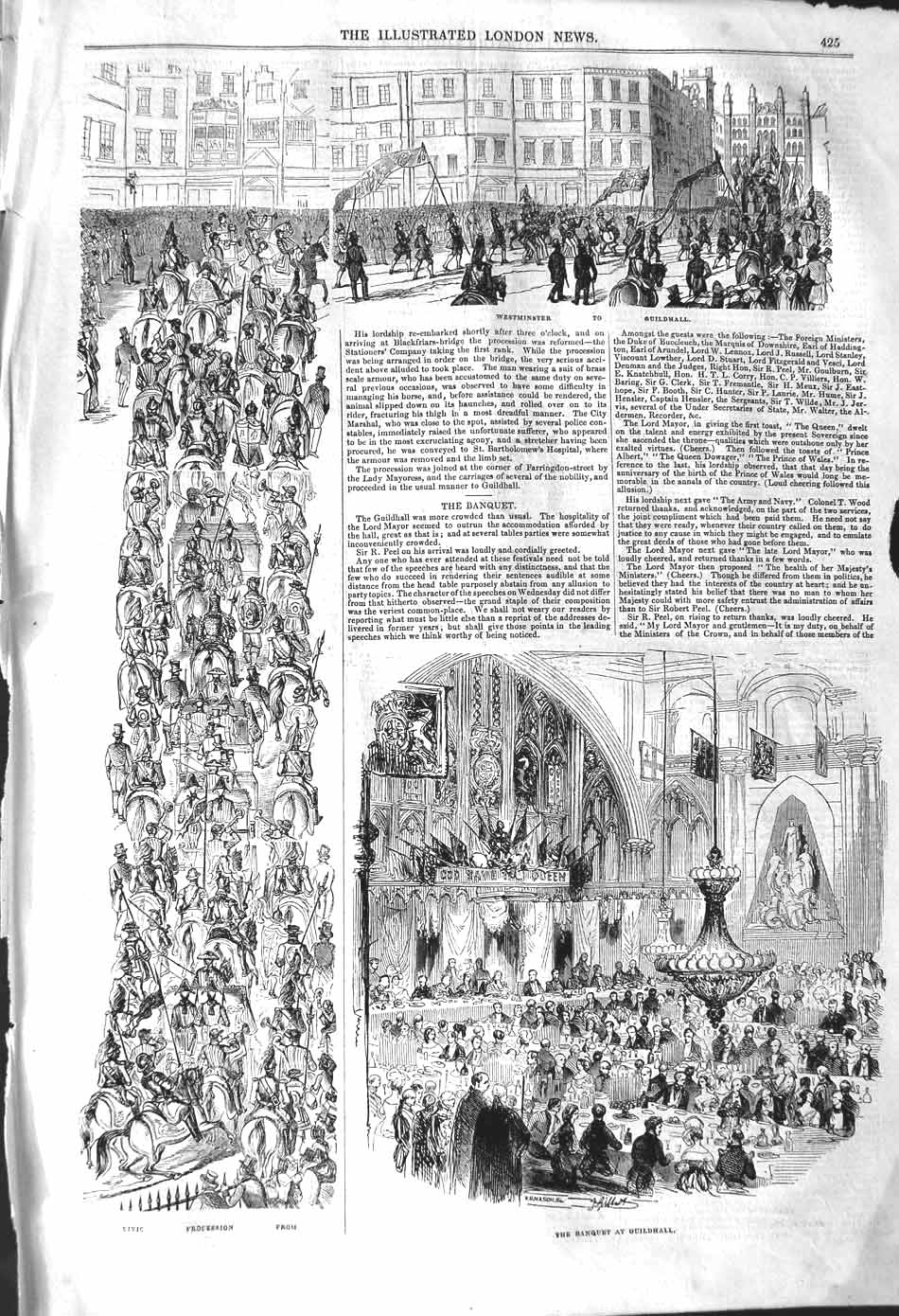 Original Old Antique Print 1842 London Procession Westminster Guildhall Banquet